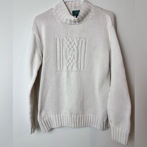 Lauren Ralph Lauren Knitted Sweater Women Medium Ivory‎ Fisherman's Knit Cotton